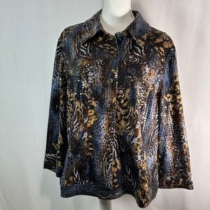 Ruby Rd Woman Animal Print Metallic Textured Button Front Jacket Blue Brown 18W